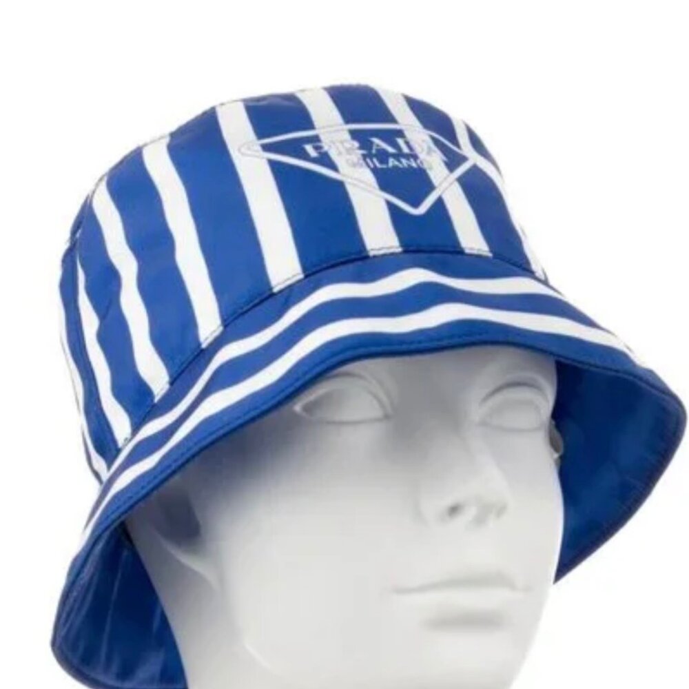 NEW NWT BLUE AND WHITE AUTHENTIC PRADA LOGO STRIPED BUCKET HAT NYLON SMALL S